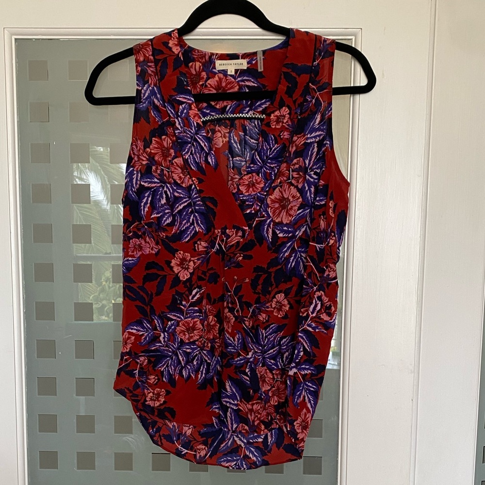 Rebecca Taylor Red Floral Silk V-neck Tank 2